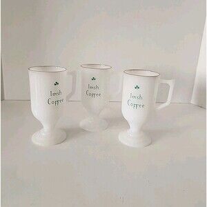 VTG Irish Coffee Set of 3 Mugs Federal Milk Glass White Green Shamrock Gold trim